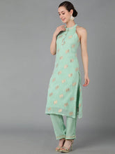 Women Green Poly Chanderi Woven Design Kurta Trousers